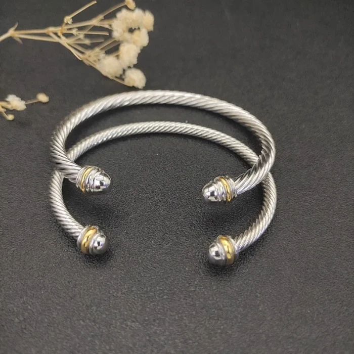 David Yurman 4mm Gold and Silver Cable Cuff Bracelet with Smooth Round End Caps