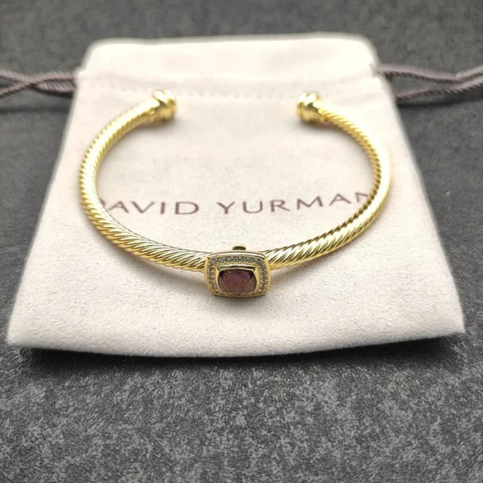 David Yurman Gold Tone 4mm Cable Square Purple Diamond Cuff Bracelet