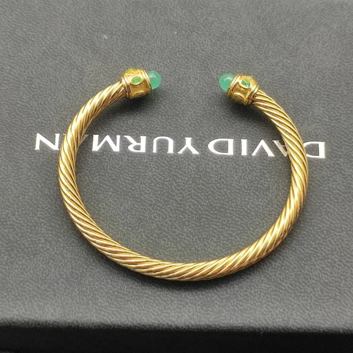 David Yurman 5mm Gold Angled Green Chalcedony Cuff Bracelet, Fits Wrist Size 16cm - 20cm