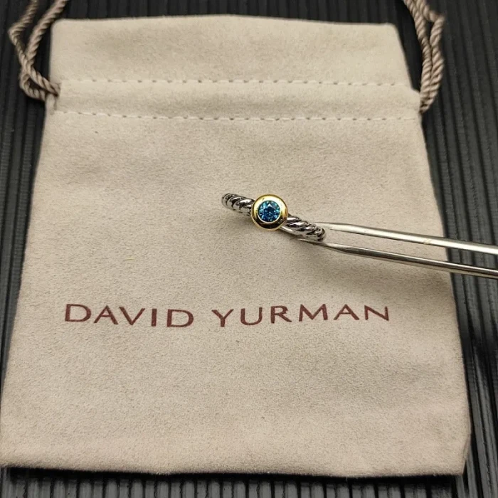 David Yurman Gold and Silver 2.8mm Petite Cable Blue Pavé Diamond Ring