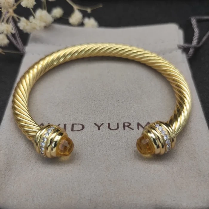 David Yurman Gold Tone 7mm Yellow Diamond End Cuff Bracelet