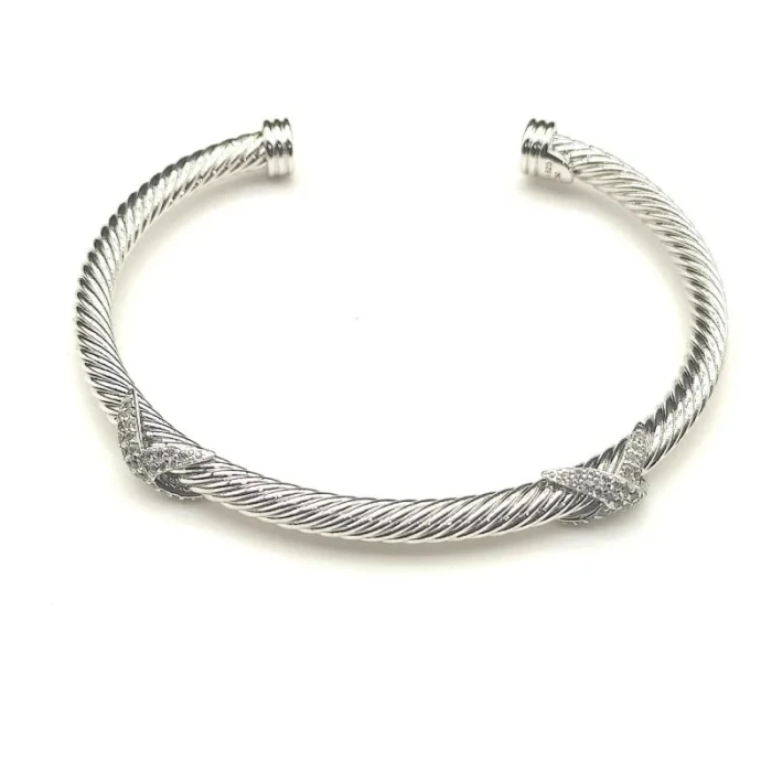 David Yurman 4mm Cable Cuff Bracelet with Double X Station Fully Pavé Diamonds