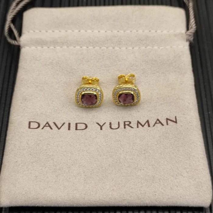 David Yurman 7mm Gold Square Purple Diamond Stud Earrings