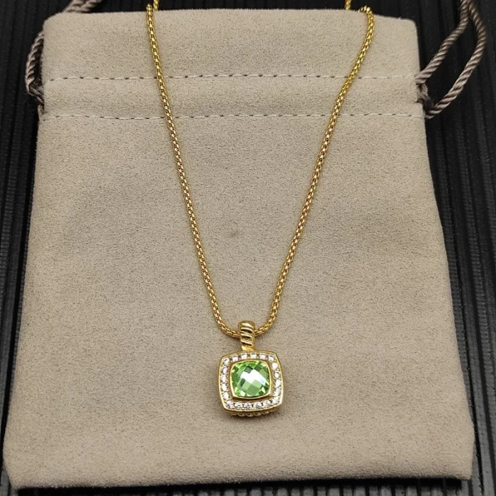 David Yurman Gold Square Green Diamond Pendant Necklace, 1.5mm Chain, Length 45cm + 5cm