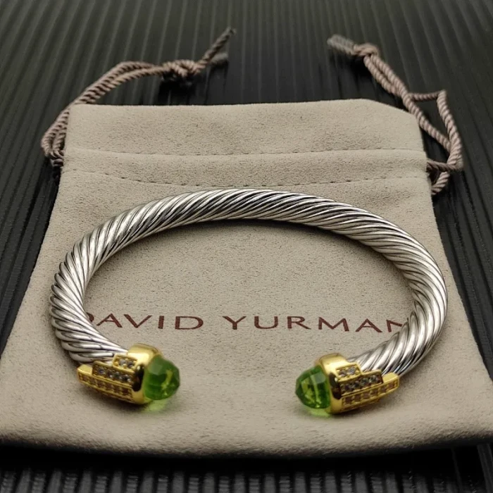 David Yurman 7mm Gold-Tone End Caps Sterling Silver Cable Cuff Bracelet 5-Row Pavé Light Green Diamonds