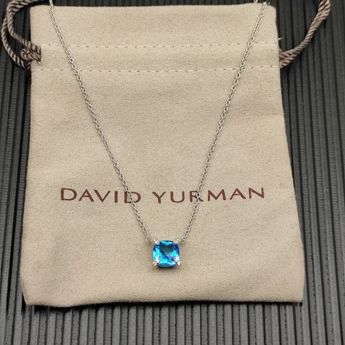 David Yurman Silver 8mm Four-Prong Blue Diamond Necklace Adjustable 42+3+3cm