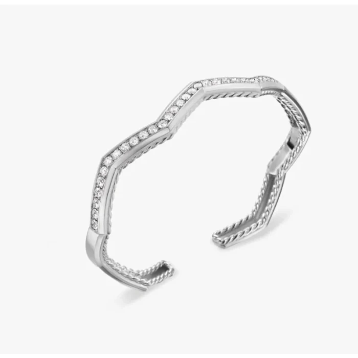 David Yurman Silver 5mm Single Row Diamond Cuff Bracelet