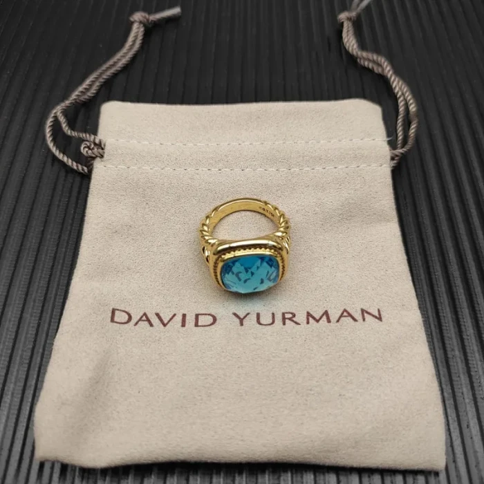 David Yurman Gold 14mm Square Blue Pavé Diamond Ring