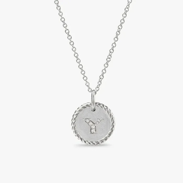 David Yurman Silver Diamond Letter Y Round Pendant Necklace, Length 42cm + 3cm + 3cm