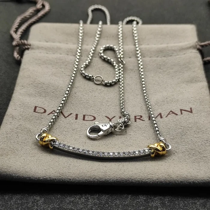 David Yurman Gold and Silver Bezel Smile Necklace, 2mm Chain, 45+5cm Adjustable Length