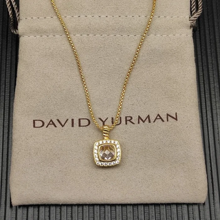 David Yurman Gold Square White Diamond Pendant Necklace, 1.5mm Chain, Length 45cm + 5cm
