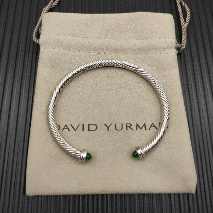 David Yurman 4mm Sterling Silver Deep Green Diamond Bangle Bracelet