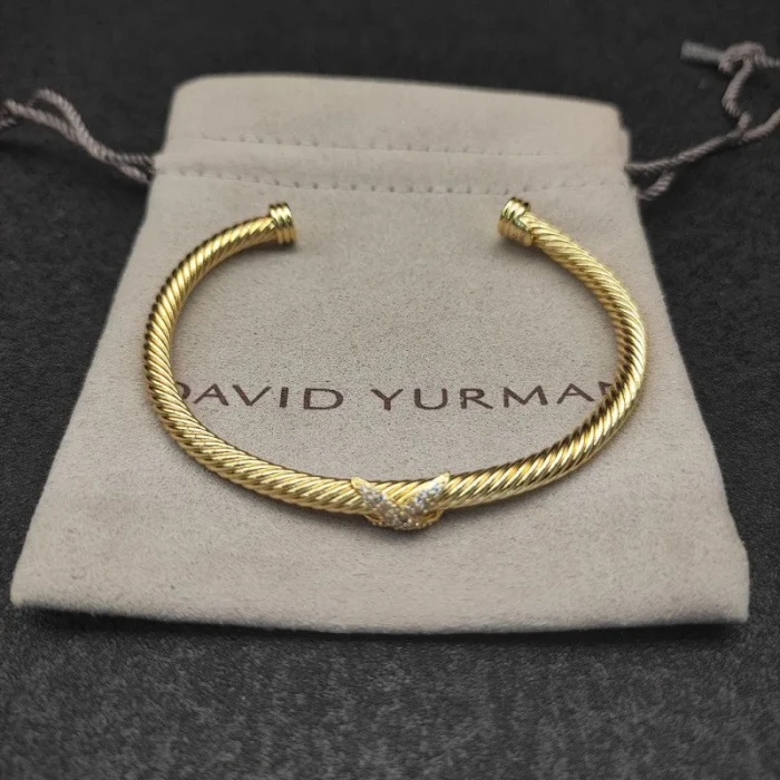 David Yurman Gold Tone 4mm Diamond Single X Cuff Bracelet