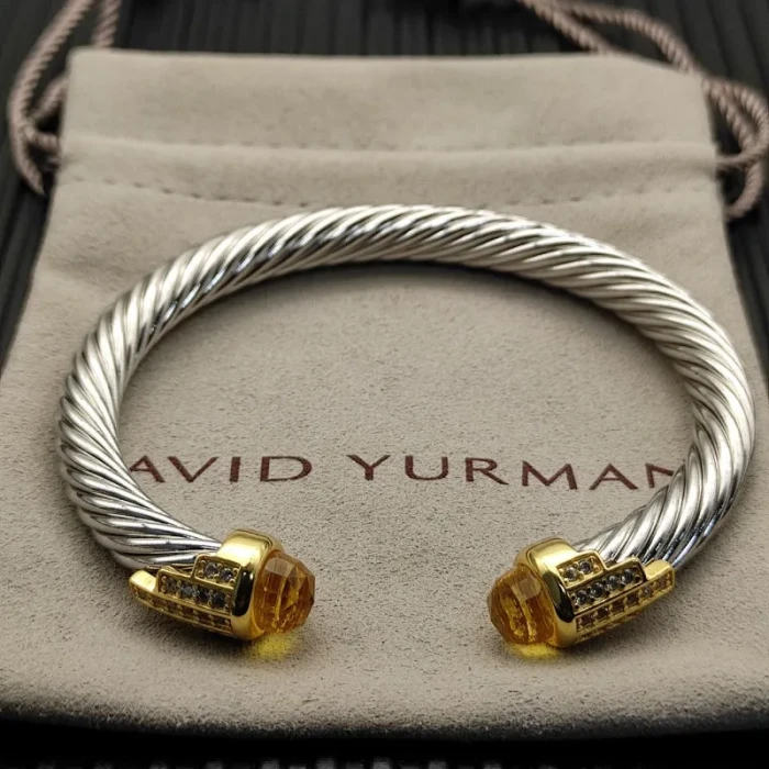 David Yurman 7mm Gold-Tone End Caps Sterling Silver Cable Cuff Bracelet Yellow Diamonds
