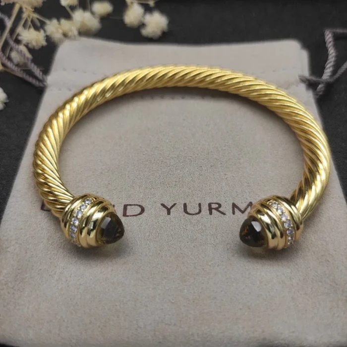 David Yurman Gold Tone 7mm Brown Diamond End Cuff Bracelet