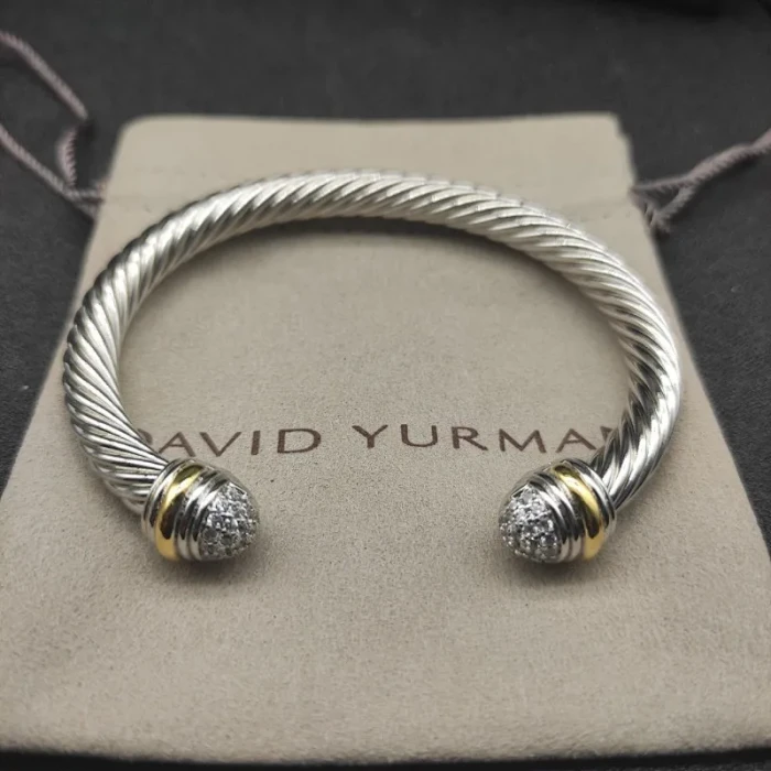 David Yurman 7mm Gold and Silver Half Pavé Diamond Cable Cuff Bracelet
