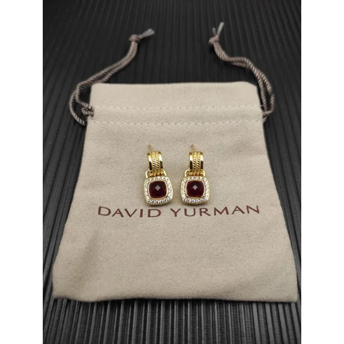 David Yurman Gold Red Pavé Square Cable Drop Earrings