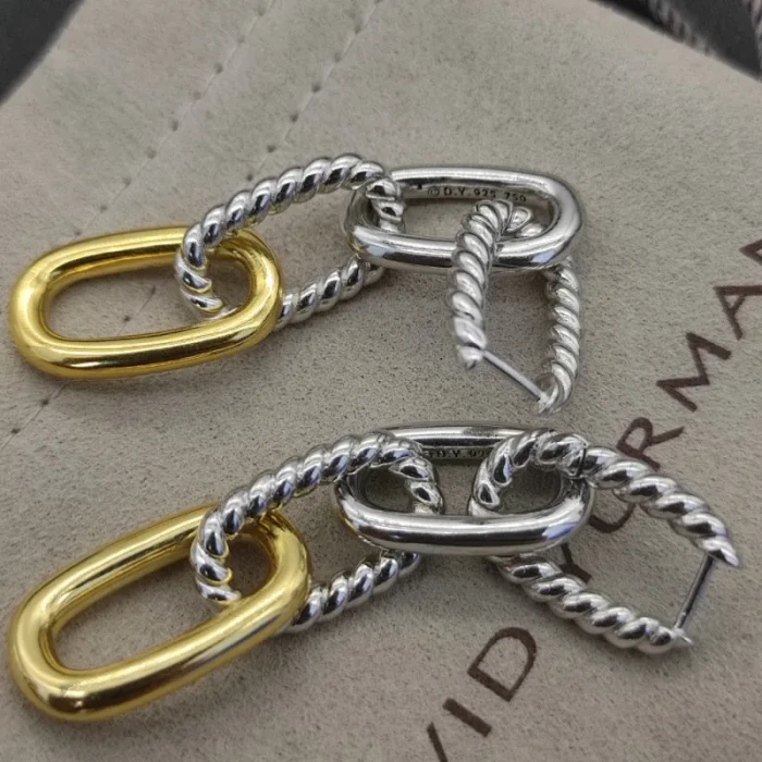 David Yurman Gold and Silver Cable Twist Hoop Earrings with Clasp Closure