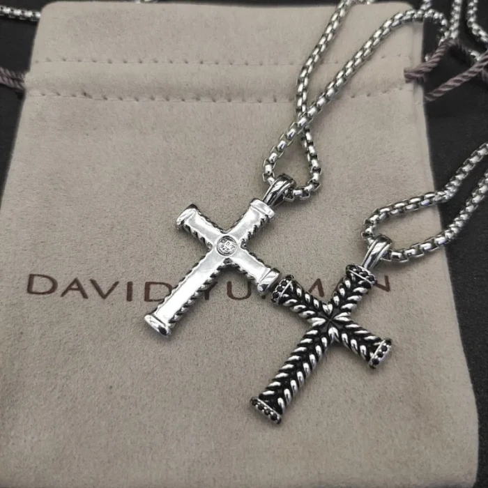 David Yurman Double Cable Cross Necklace with Black Diamonds