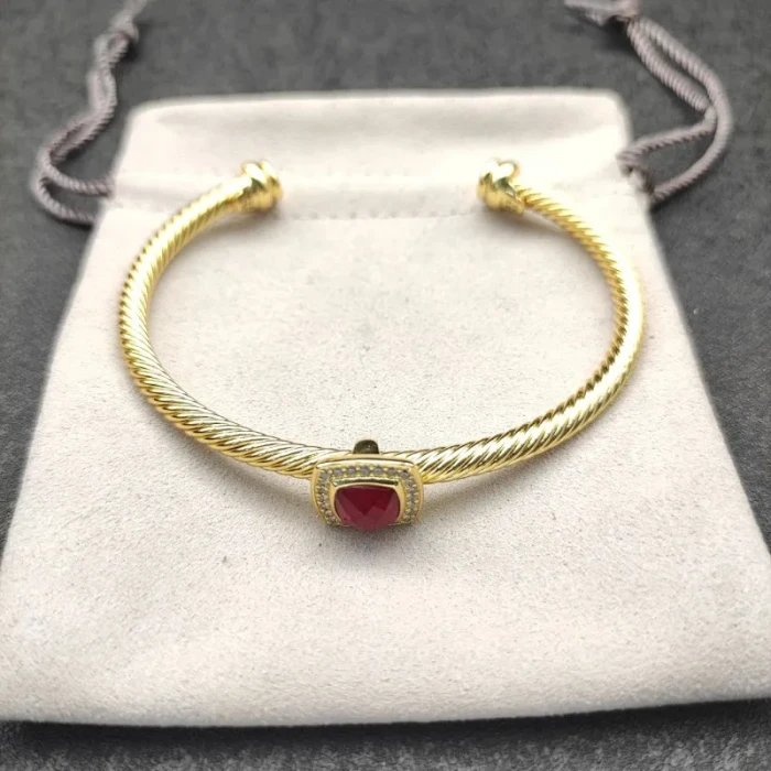 David Yurman Gold Tone 4mm Cable Square Red Diamond Cuff Bracelet