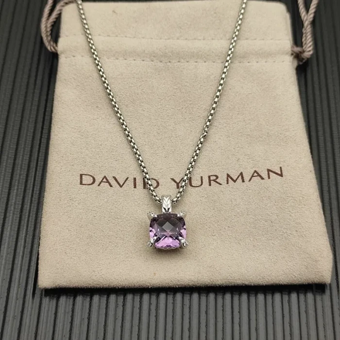 David Yurman Sterling Silver 11mm Four-Prong Purple Diamond Necklace