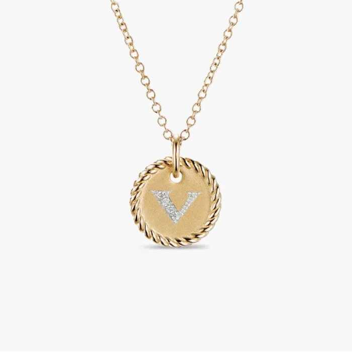 David Yurman Silver Diamond Letter V Round Pendant Necklace, Length 42cm + 3cm + 3cm