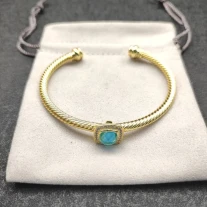 David Yurman Gold Tone 4mm Cable Square Blue Diamond Cuff Bracelet