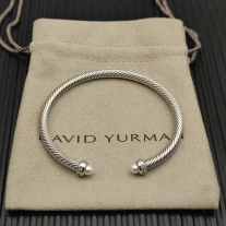 David Yurman 4mm Sterling Silver Pearl Diamond Bangle Bracelet