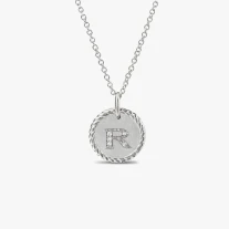 David Yurman Silver Diamond Letter R Round Pendant Necklace, Length 42cm + 3cm + 3cm