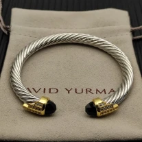 David Yurman 7mm Gold-Tone End Caps Sterling Silver Cable Cuff Bracelet Black Diamonds