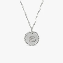 David Yurman Silver Diamond Letter S Round Pendant Necklace, Length 42cm + 3cm + 3cm