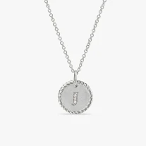 David Yurman Silver Diamond Letter J Round Pendant Necklace, Length 42cm + 3cm + 3cm