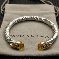 David Yurman 7mm Gold-Tone End Caps Sterling Silver Cable Cuff Bracelet Yellow Diamonds