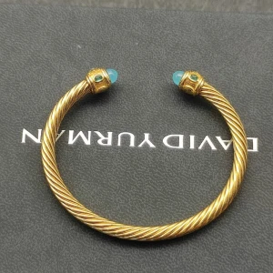 David Yurman 5mm Gold Angled Blue Chalcedony Cuff Bracelet, Fits Wrist Size 16cm - 20cm