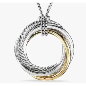 David Yurman 37mm Four-Ring Gold and Silver Necklace, Adjustable 90cm Chain
