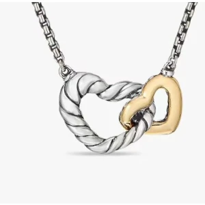 David Yurman Gold and Silver Double Heart Clasp Pendant Necklace, 1.5mm Chain, Length 45cm + 5cm