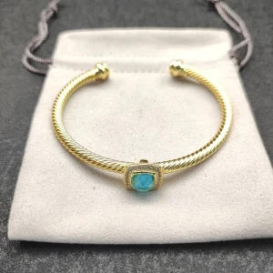 David Yurman Gold Tone 4mm Cable Square Blue Diamond Cuff Bracelet