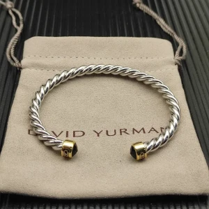 David Yurman 6mm Gold and Silver Black Diamond Cable Cuff Bracelet