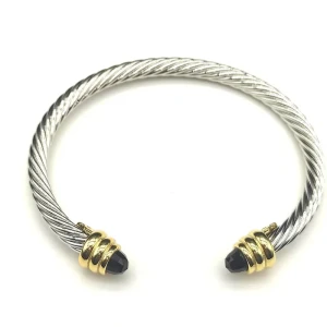 David Yurman 5mm Gold-End Black Diamond Cable Cuff Bracelet