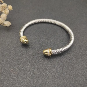 David Yurman 5mm Gold and Silver Cable Cuff Bracelet with Pavé-Set Round End Caps