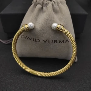 David Yurman 5mm Gold Cable Cuff Bracelet with Diamond-Accented Pearl