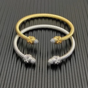 David Yurman Silver 4mm Cable Diamond Lattice Cuff Bracelet