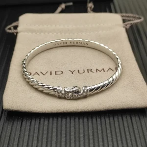 David Yurman 6.2mm Silver Pavé Hook Clasp Engraved Wave Bracelet