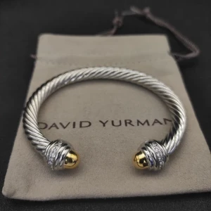 David Yurman 7mm Gold and Silver Cable Cuff Bracelet with Pavé-Set Round End Caps