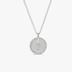 David Yurman Silver Diamond Letter I Round Pendant Necklace, Length 42cm + 3cm + 3cm