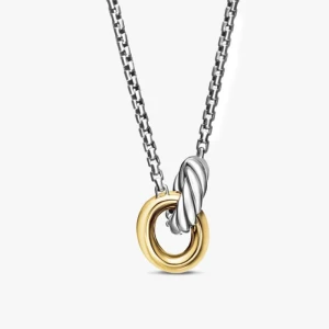 David Yurman Gold and Silver Twisted Cable Double Ring Necklace, 2mm Chain, 45+5cm Adjustable Length