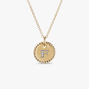 David Yurman Silver Diamond Letter F Round Pendant Necklace, Length 42cm + 3cm + 3cm