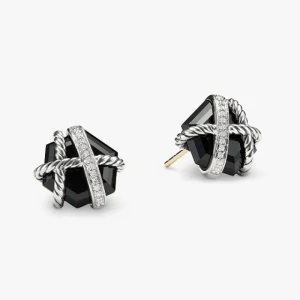 David Yurman 11mm Hexagon Diamond Black Onyx Stud Earrings
