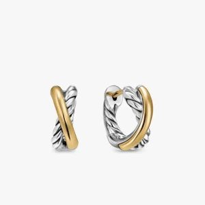 David Yurman 12.4mm Gold and Silver Cable Wrap Single-Line Earrings