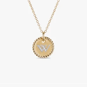 David Yurman Gold Diamond Initial W Disc Pendant Necklace